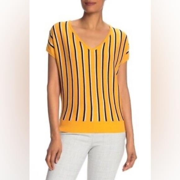 Philosophy Tops - PHILOSOPHY Yellow Black Vertical Striped Short Sleeve Sweater Shirt V-Neck New